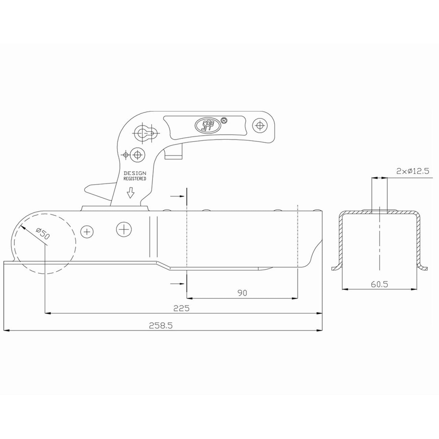 SPP ZSK-750I Kugelkupplung 60mm Vierkant 750kg