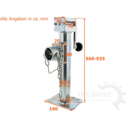 Support leg with hand crank, foldable, Ø57 x 560mm with locking pin, vertical load 1300kg