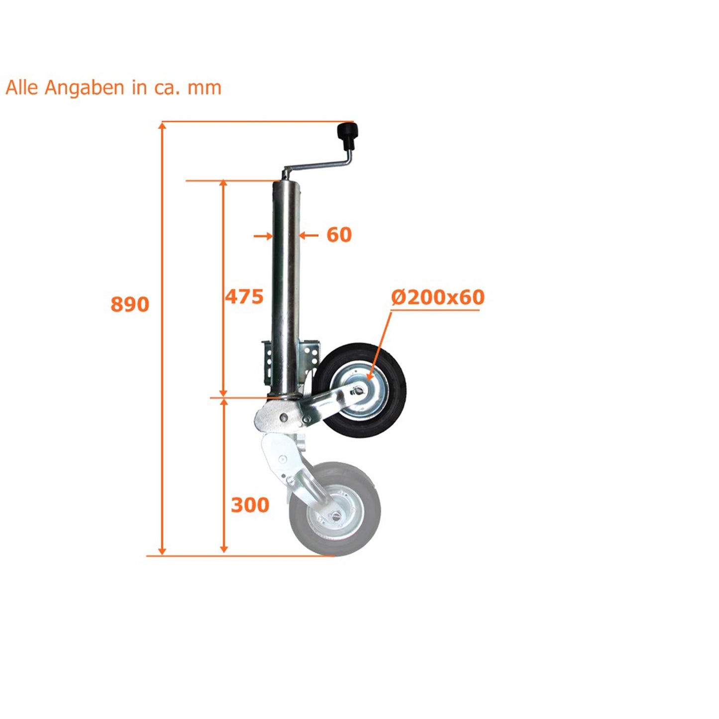 Trailer automatic jockey wheel 60mm 400kg vertical load