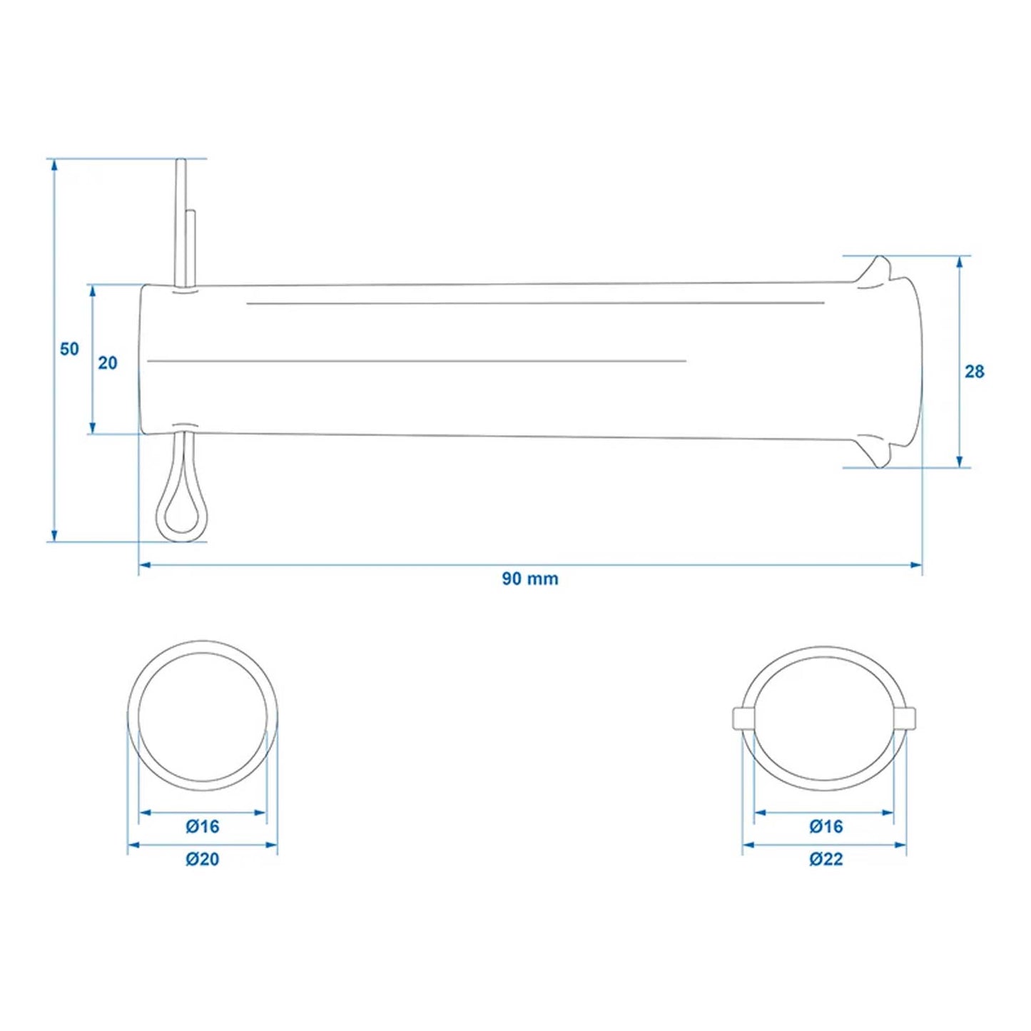 Axle with split pin for support wheel 60mm Ø20mm x 90mm