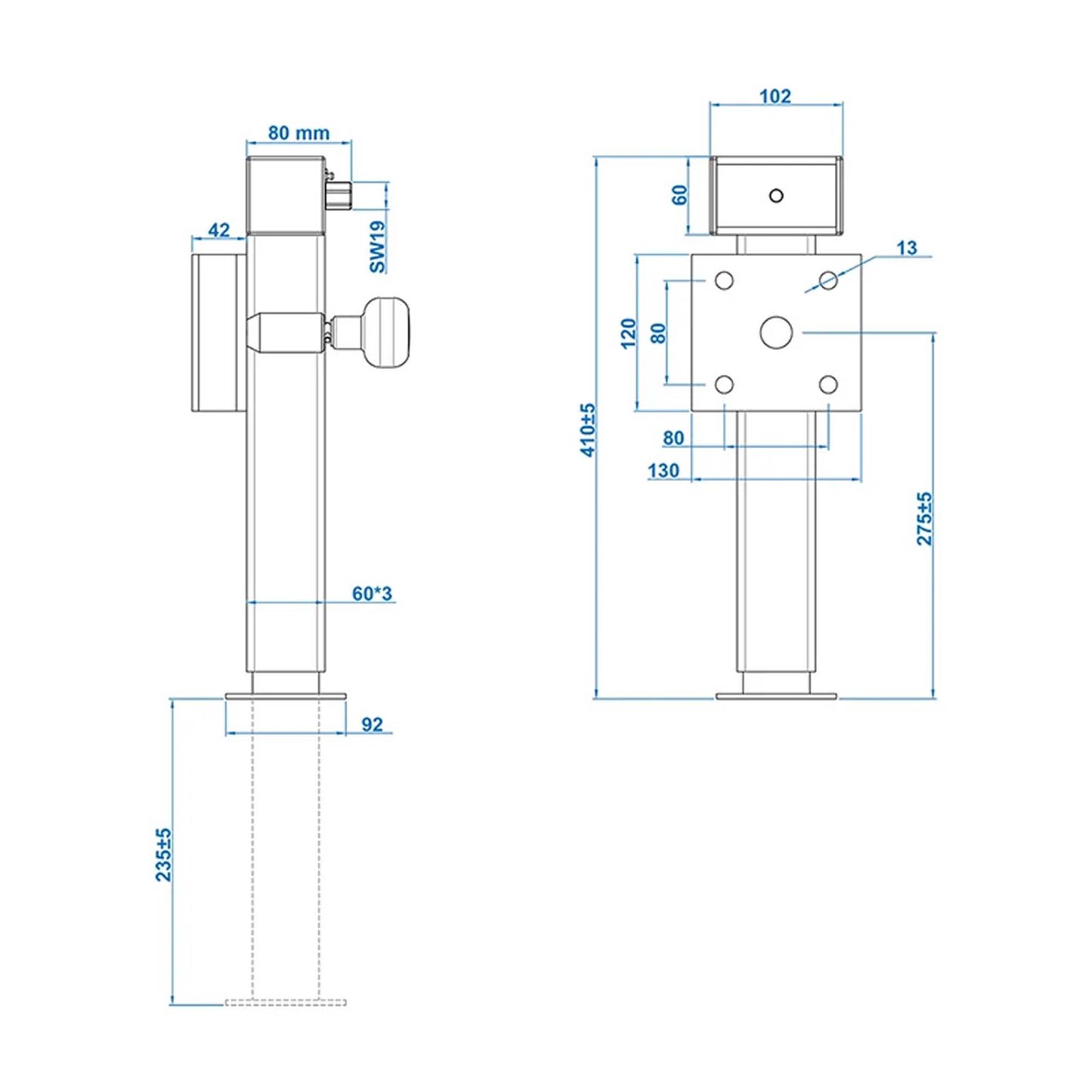 Ausdrehstütze 60x60mm klappbar 410-655mm FH 42mm 1300kg mit Schraubensatz