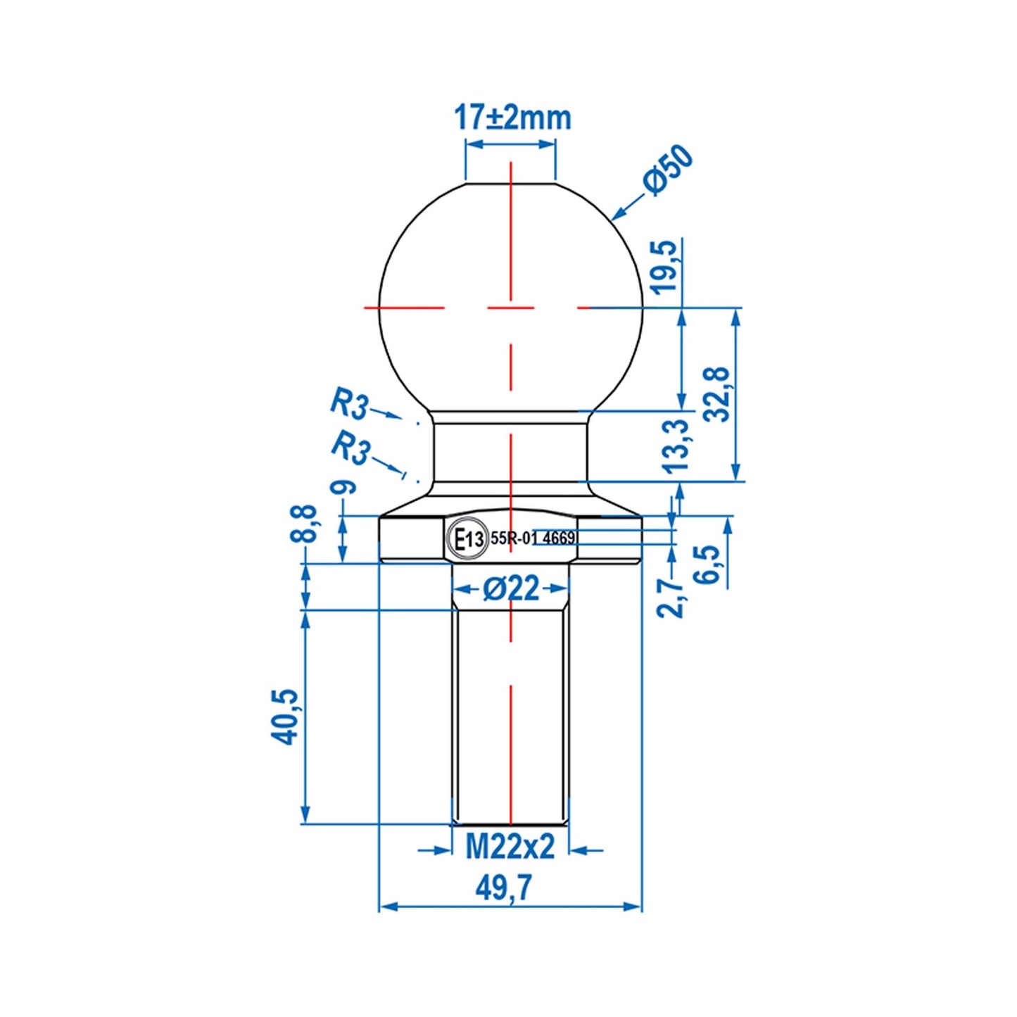 Anhängerkugelkopf E13 Ø50mm M22 2000 Kg