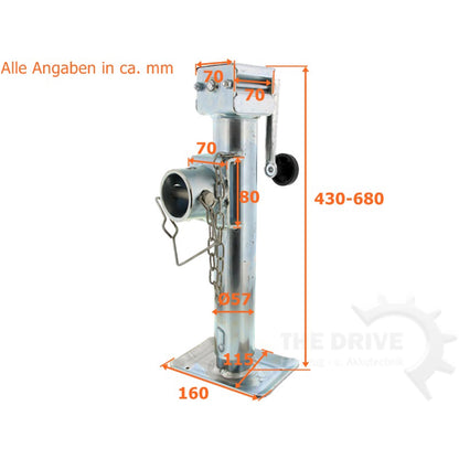 Stützfuss mit Handkurbel, Klappbar, Ø57 x 430mm mit Sperrbolzen, Stützlast: 1300kg - TMN-shop.de